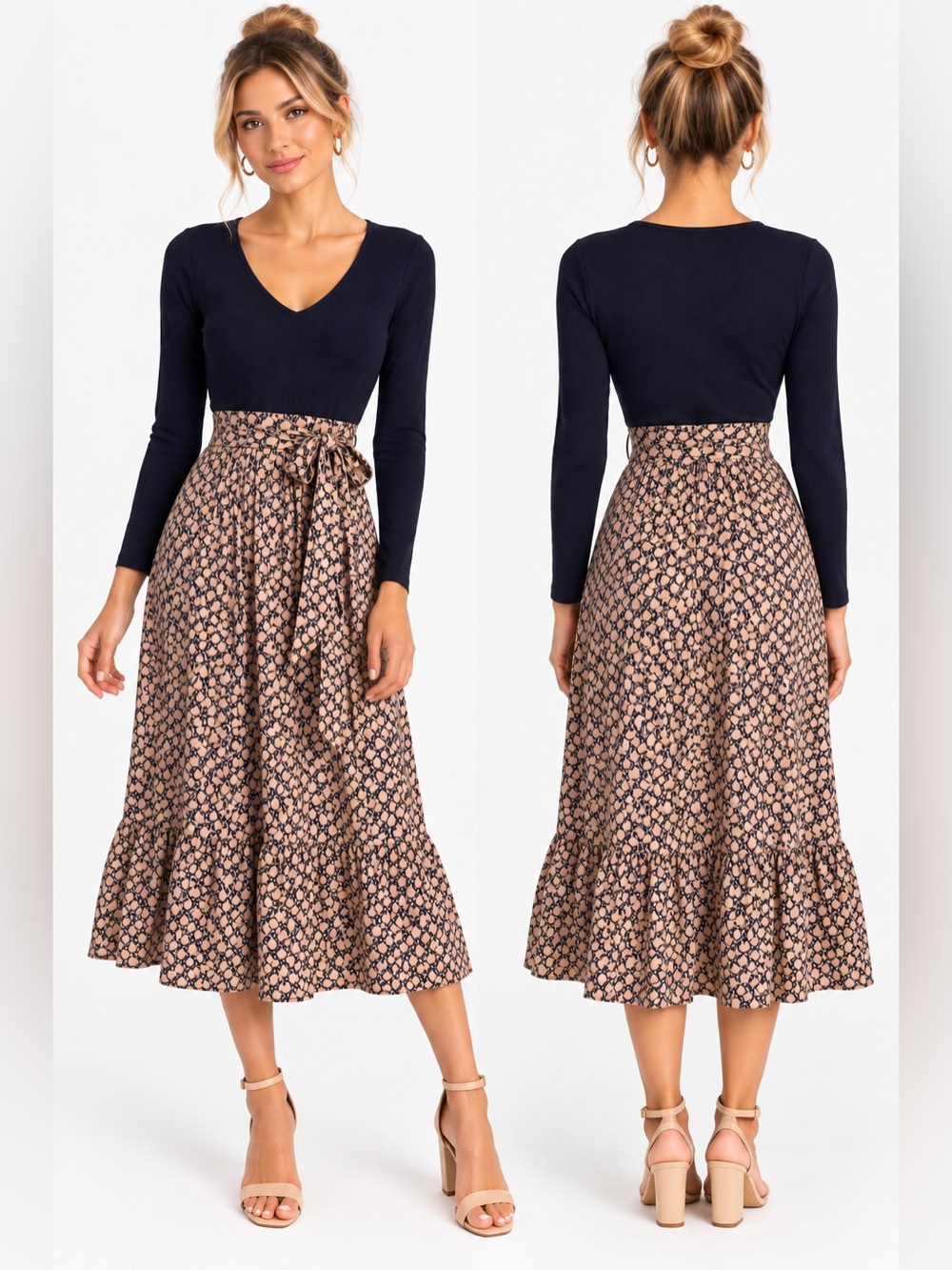 Long Sleeve V‑Neck navy Top with Patterned Beige Wrap Skirt Dress